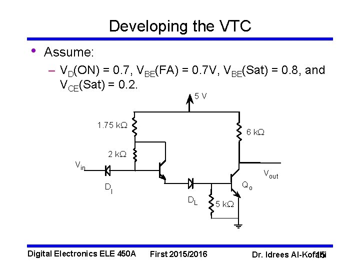 Developing the VTC • Assume: – VD(ON) = 0. 7, VBE(FA) = 0. 7