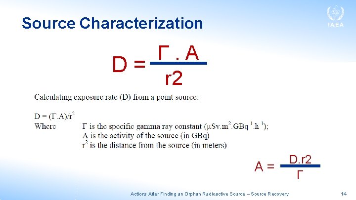 Source Characterization Γ. A D= r 2 A= Actions After Finding an Orphan Radioactive