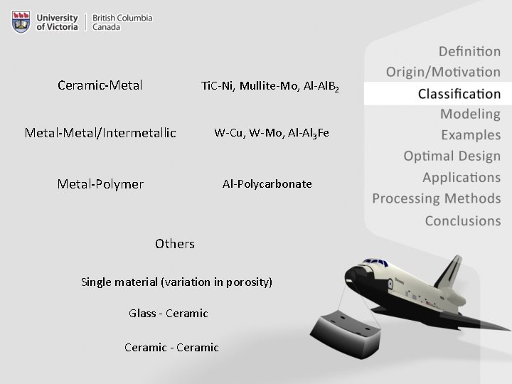 Ceramic-Metal Ti. C-Ni, Mullite-Mo, Al-Al. B 2 Metal-Metal/Intermetallic W-Cu, W-Mo, Al-Al 3 Fe Metal-Polymer