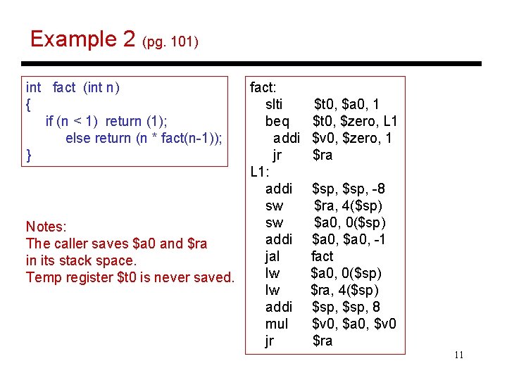 Example 2 (pg. 101) int fact (int n) { if (n < 1) return