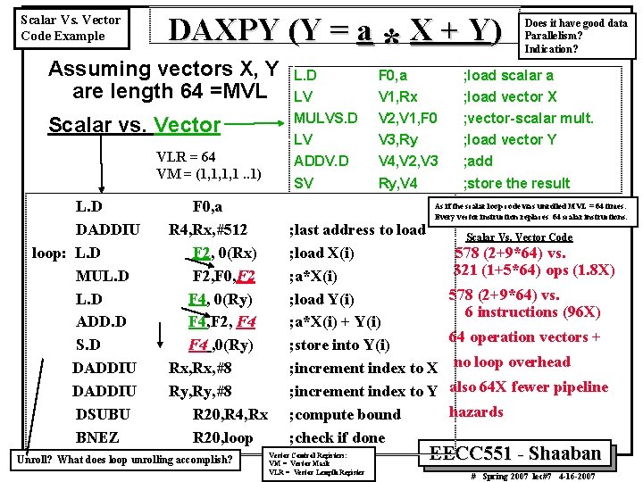 Scalar Vs. Vector Code Example DAXPY (Y = a * X + Y) *