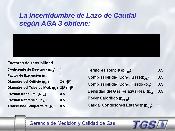 La Incertidumbre de Lazo de Caudal según AGA 3 obtiene: Factores de sensibilidad Coeficiente