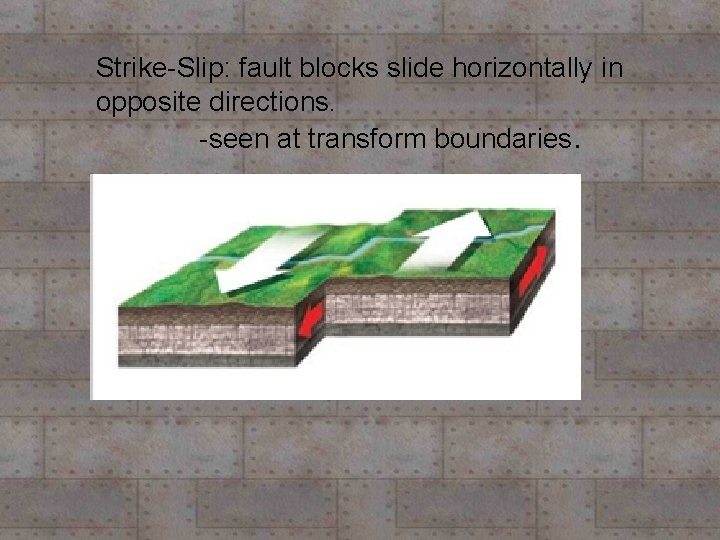 Strike-Slip: fault blocks slide horizontally in opposite directions. -seen at transform boundaries. Strike-Slip: fault blocks slide horizontally in opposite directions. -seen at transform boundaries.