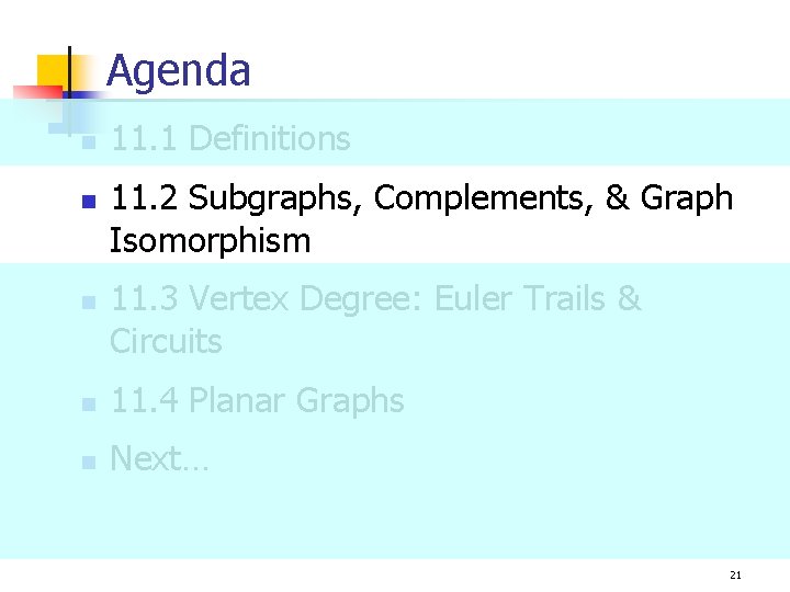 Agenda n n n 11. 1 Definitions 11. 2 Subgraphs, Complements, & Graph Isomorphism Agenda n n n 11. 1 Definitions 11. 2 Subgraphs, Complements, & Graph Isomorphism