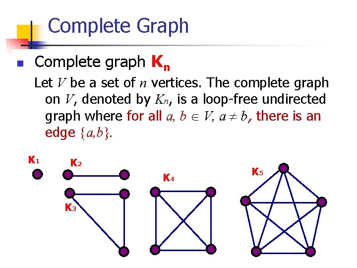Complete Graph n Complete graph Kn Let V be a set of n vertices. Complete Graph n Complete graph Kn Let V be a set of n vertices.