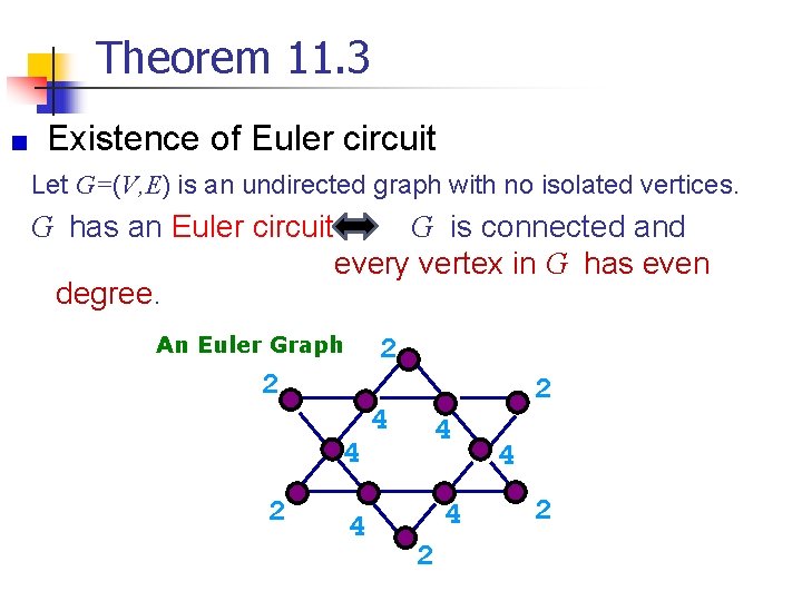 Theorem 11. 3 Existence of Euler circuit Let G=(V, E) is an undirected graph Theorem 11. 3 Existence of Euler circuit Let G=(V, E) is an undirected graph