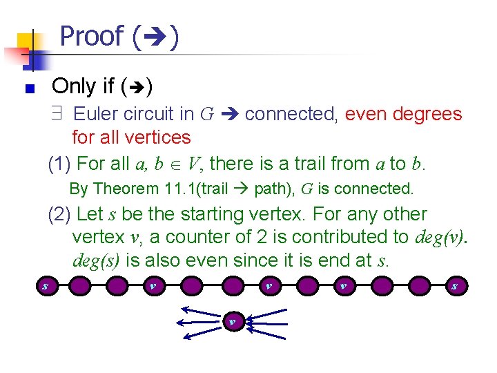 Proof ( ) Only if ( ) ∃ Euler circuit in G connected, even Proof ( ) Only if ( ) ∃ Euler circuit in G connected, even