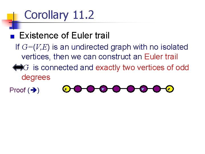 Corollary 11. 2 Existence of Euler trail If G=(V, E) is an undirected graph Corollary 11. 2 Existence of Euler trail If G=(V, E) is an undirected graph