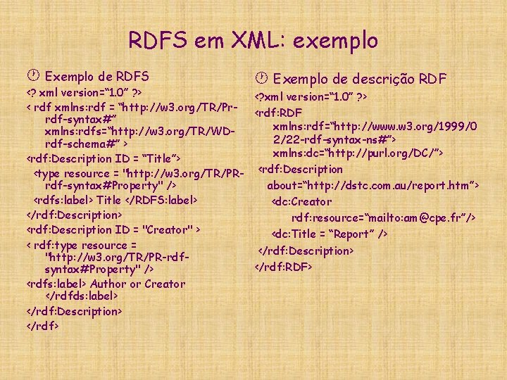 RDFS em XML: exemplo · Exemplo de RDFS · Exemplo de descrição RDF <?