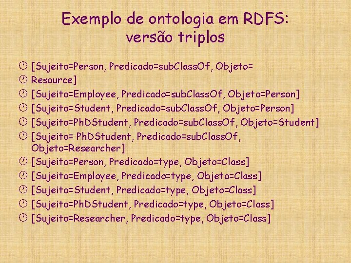 Exemplo de ontologia em RDFS: versão triplos · [Sujeito=Person, Predicado=sub. Class. Of, Objeto= ·