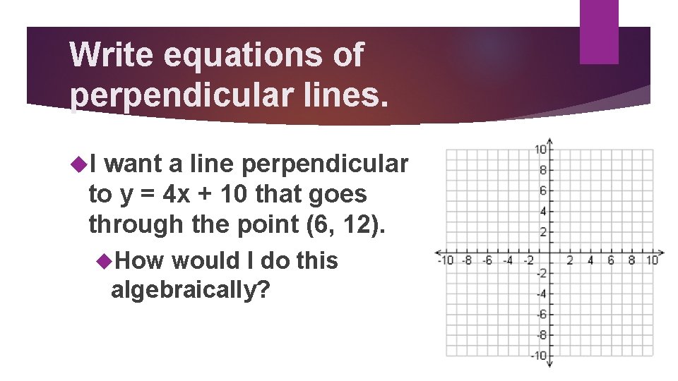 Write equations of perpendicular lines. I want a line perpendicular to y = 4