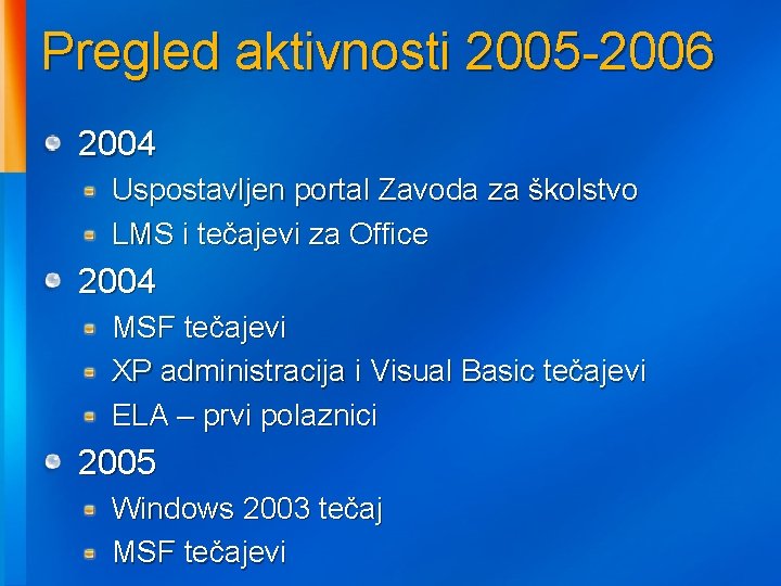 Pregled aktivnosti 2005 -2006 2004 Uspostavljen portal Zavoda za školstvo LMS i tečajevi za