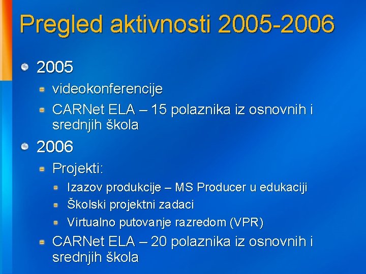 Pregled aktivnosti 2005 -2006 2005 videokonferencije CARNet ELA – 15 polaznika iz osnovnih i