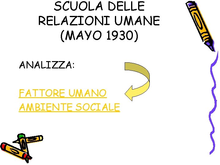 SCUOLA DELLE RELAZIONI UMANE (MAYO 1930) ANALIZZA: FATTORE UMANO AMBIENTE SOCIALE 