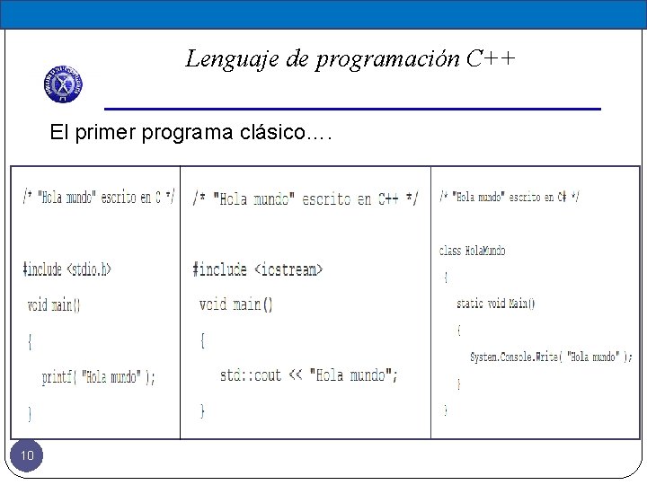 Lenguaje de programación C++ El primer programa clásico…. 10 