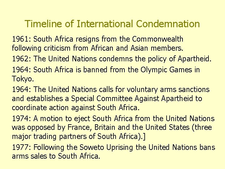 Timeline of International Condemnation 1961: South Africa resigns from the Commonwealth following criticism from