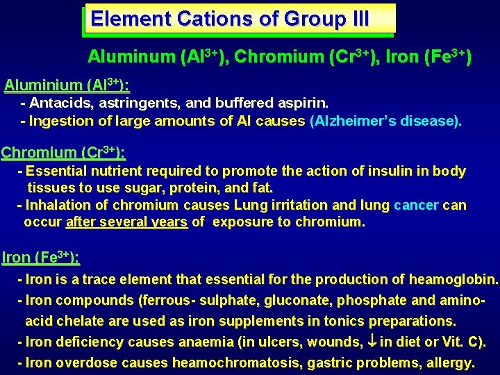 Element Cations of Group III Aluminum (Al 3+), Chromium (Cr 3+), Iron (Fe 3+)