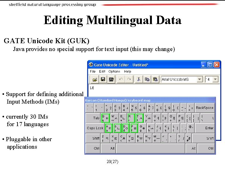  Editing Multilingual Data GATE Unicode Kit (GUK) Java provides no special support for