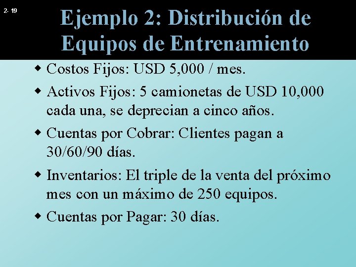 2 - 19 Ejemplo 2: Distribución de Equipos de Entrenamiento w Costos Fijos: USD 2 - 19 Ejemplo 2: Distribución de Equipos de Entrenamiento w Costos Fijos: USD