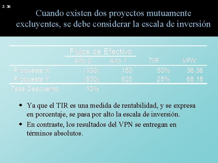 2 - 36 Cuando existen dos proyectos mutuamente excluyentes, se debe considerar la escala