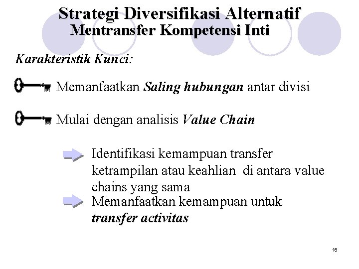 Strategi Diversifikasi Alternatif Mentransfer Kompetensi Inti Karakteristik Kunci: Memanfaatkan Saling hubungan antar divisi Mulai