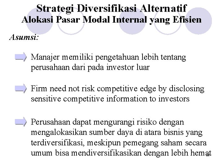 Strategi Diversifikasi Alternatif Alokasi Pasar Modal Internal yang Efisien Asumsi: Manajer memiliki pengetahuan lebih