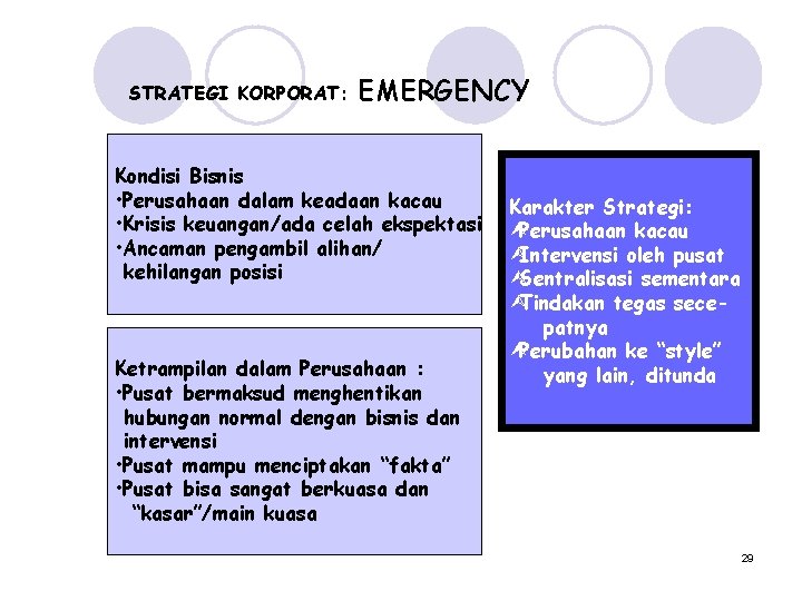 STRATEGI KORPORAT: EMERGENCY Kondisi Bisnis • Perusahaan dalam keadaan kacau • Krisis keuangan/ada celah