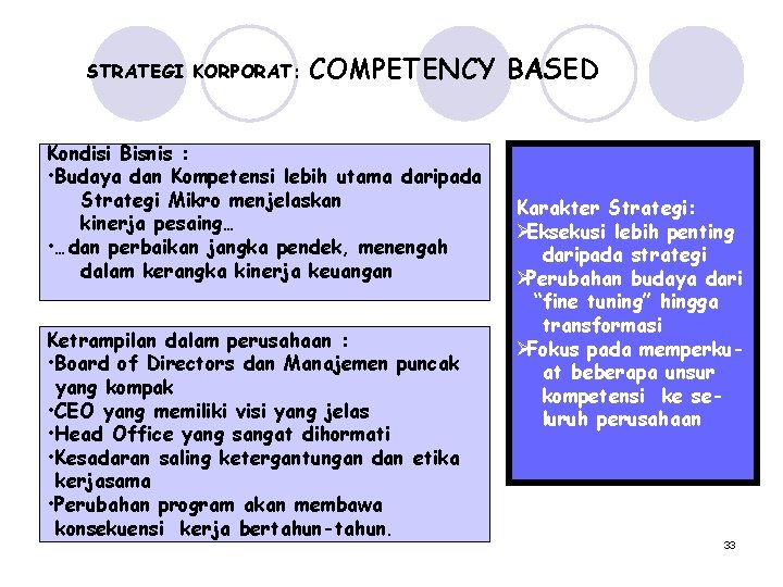 STRATEGI KORPORAT: COMPETENCY BASED Kondisi Bisnis : • Budaya dan Kompetensi lebih utama daripada