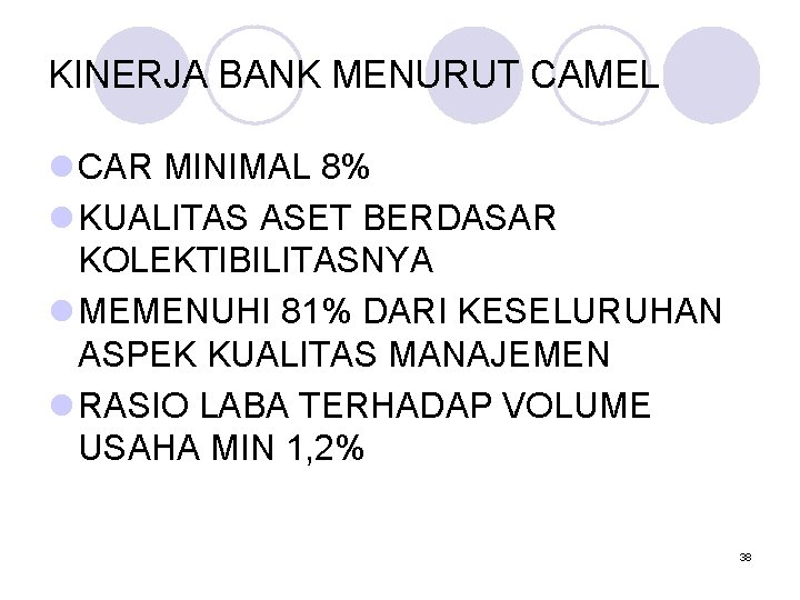 KINERJA BANK MENURUT CAMEL l CAR MINIMAL 8% l KUALITAS ASET BERDASAR KOLEKTIBILITASNYA l