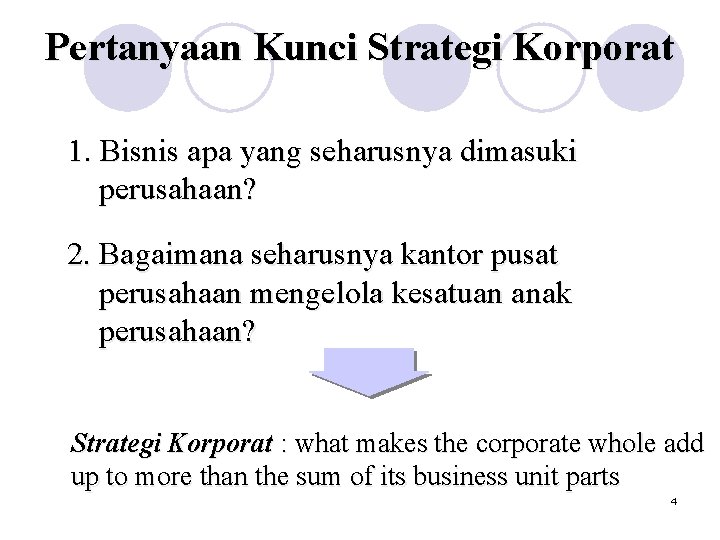 Pertanyaan Kunci Strategi Korporat 1. Bisnis apa yang seharusnya dimasuki perusahaan? 2. Bagaimana seharusnya