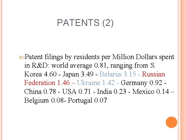 PATENTS (2) Patent filings by residents per Million Dollars spent in R&D: world average