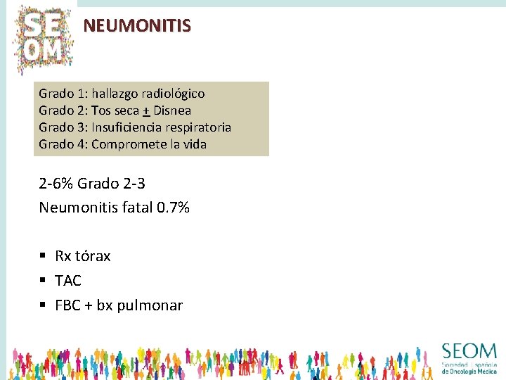 NEUMONITIS Grado 1: hallazgo radiológico Grado 2: Tos seca + Disnea Grado 3: Insuficiencia