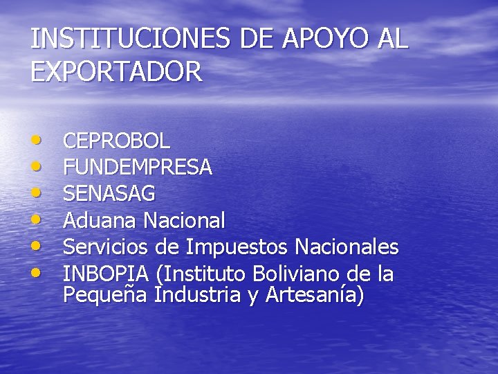 INSTITUCIONES DE APOYO AL EXPORTADOR • • • CEPROBOL FUNDEMPRESA SENASAG Aduana Nacional Servicios