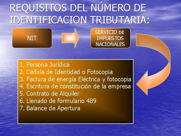 REQUISITOS DEL NÚMERO DE IDENTIFICACION TRIBUTARIA: NIT SERVICIO DE IMPUESTOS NACIONALES 1. Persona Jurídica