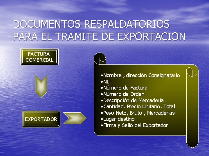 DOCUMENTOS RESPALDATORIOS PARA EL TRAMITE DE EXPORTACION FACTURA COMERCIAL EXPORTADOR • Nombre , dirección