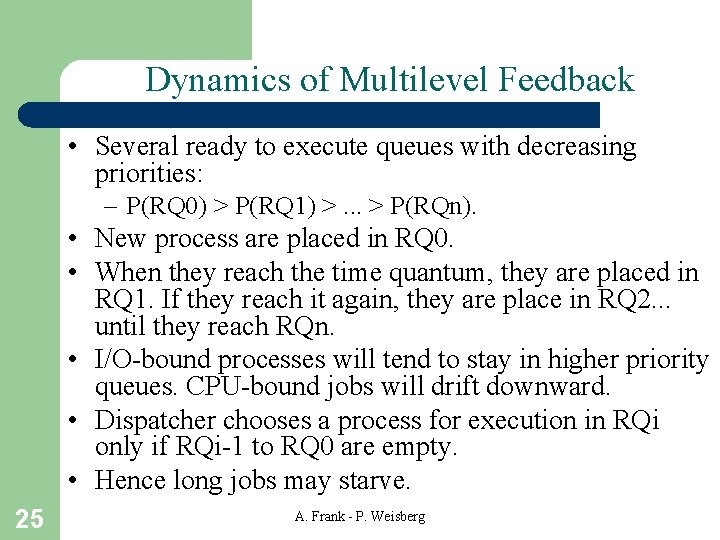 Dynamics of Multilevel Feedback • Several ready to execute queues with decreasing priorities: –