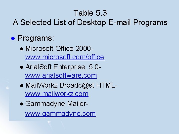 Table 5. 3 A Selected List of Desktop E-mail Programs: l Microsoft Office 2000