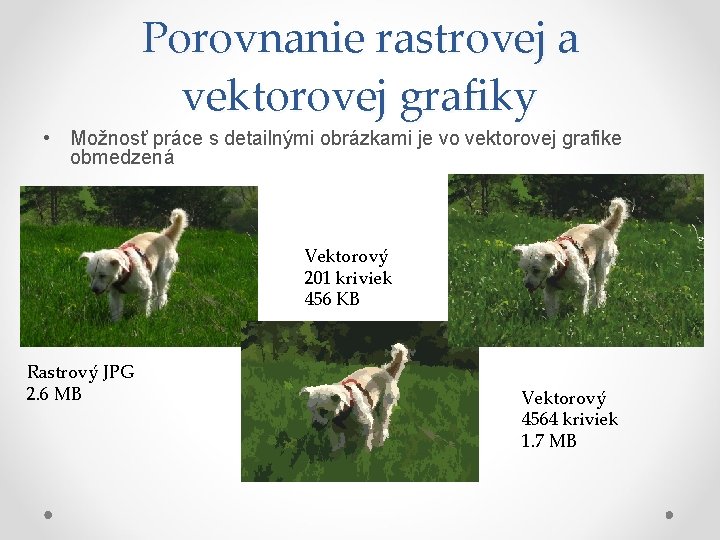 Porovnanie rastrovej a vektorovej grafiky • Možnosť práce s detailnými obrázkami je vo vektorovej