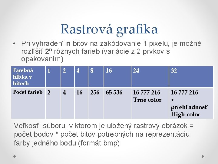 Rastrová grafika • Pri vyhradení n bitov na zakódovanie 1 pixelu, je možné rozlíšiť
