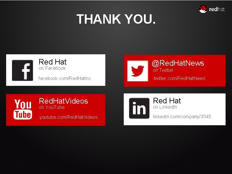 THANK YOU. Red Hat on Facebook @Red. Hat. News on Twitter facebook. com/Red. Hat.