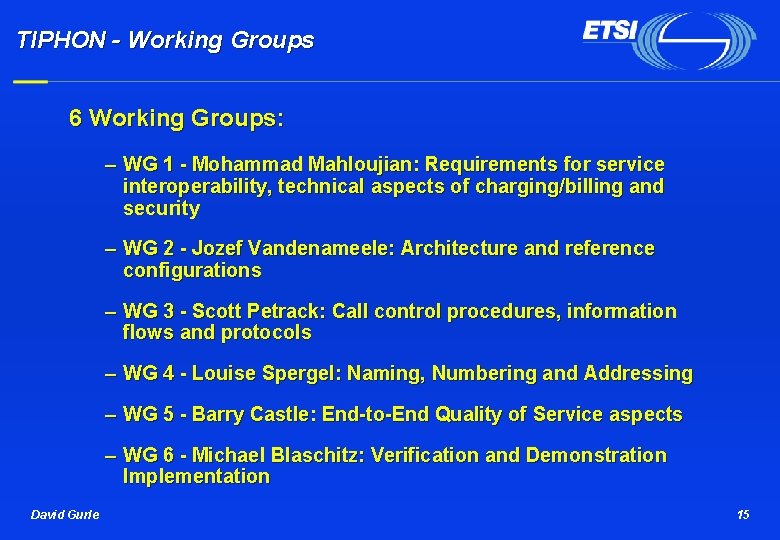 TIPHON - Working Groups 6 Working Groups: – WG 1 - Mohammad Mahloujian: Requirements