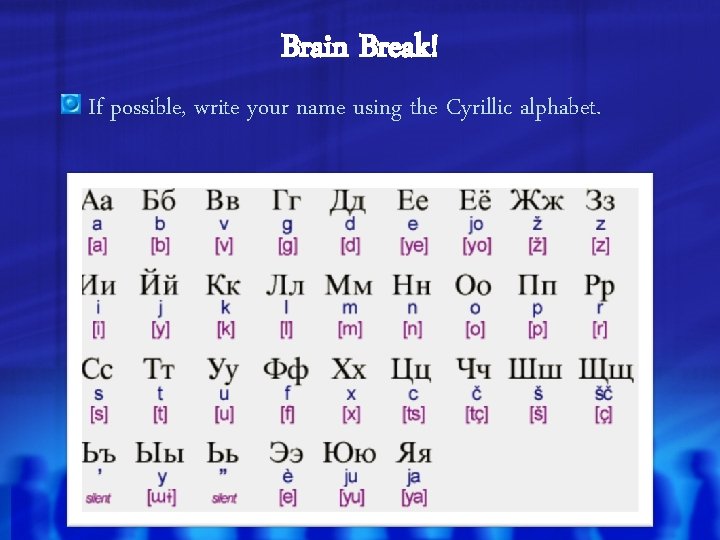Brain Break! If possible, write your name using the Cyrillic alphabet. 
