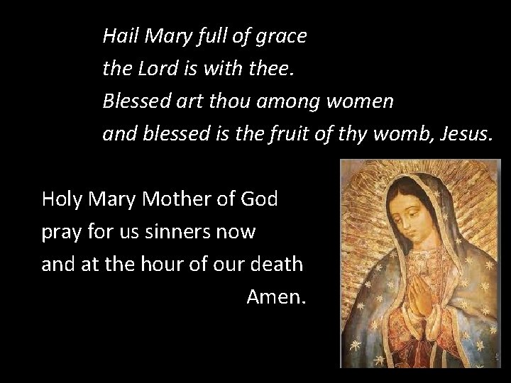 Hail Mary full of grace the Lord is with thee. Blessed art thou among