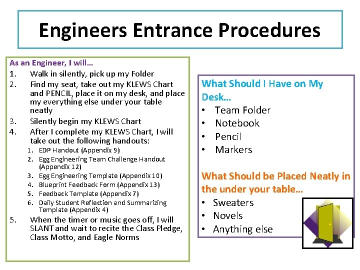 Engineers Entrance Procedures As an Engineer, I will… 1. Walk in silently, pick up