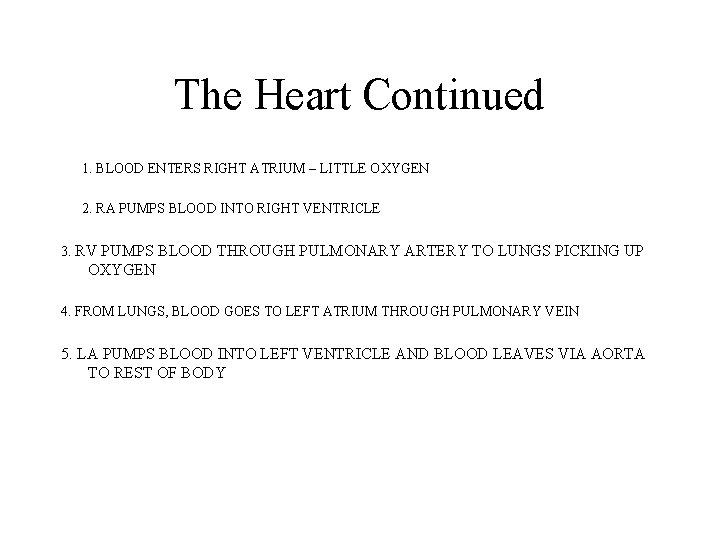 The Heart Continued 1. BLOOD ENTERS RIGHT ATRIUM – LITTLE OXYGEN 2. RA PUMPS