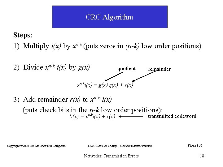 CRC Algorithm Steps: 1) Multiply i(x) by xn-k (puts zeros in (n-k) low order