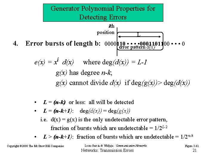 Generator Polynomial Properties for Detecting Errors ith position L 4. Error bursts of length