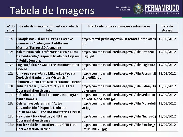 Tabela de Imagens n° do direito da imagem como está ao lado da link