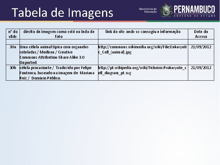 Tabela de Imagens n° do direito da imagem como está ao lado da slide