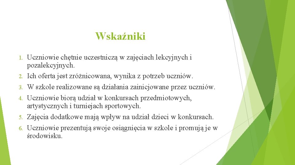 Wskaźniki 1. 2. 3. 4. 5. 6. Uczniowie chętnie uczestniczą w zajęciach lekcyjnych i